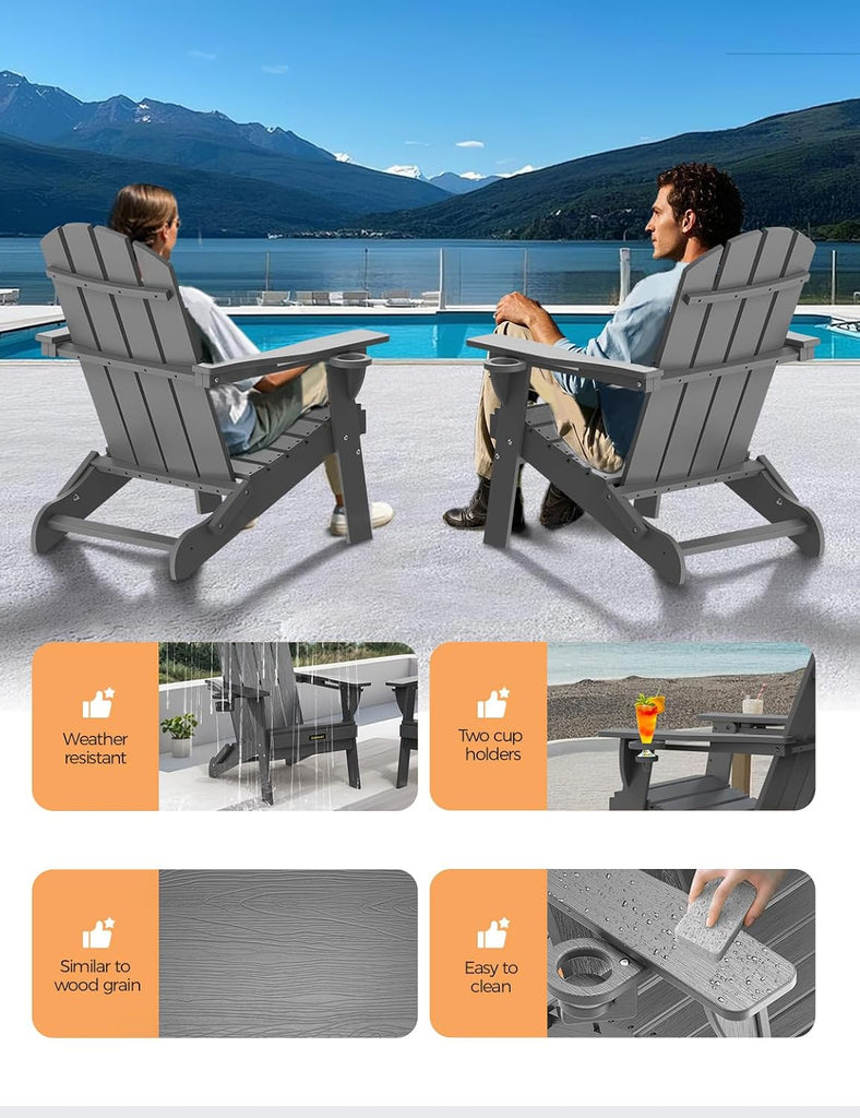 Folding Adirondack Chair, Wooden Textured Plastic Adirondack Chairs with 2 Cup Holder, Weather Resistant HDPE Fire