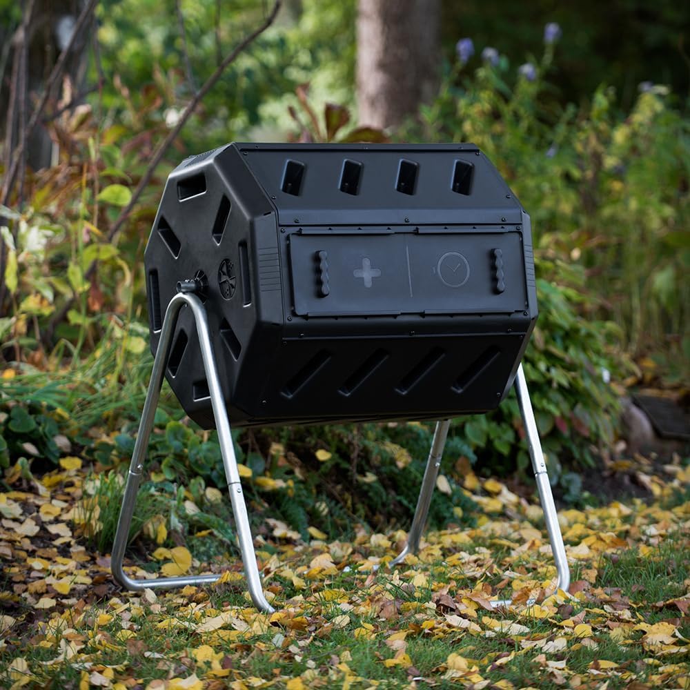 Heavy Duty 37 Gallon 8 Sided Steel Composter, Black | Portable Plastic Dual Chamber Tumbling Composter Outdoor