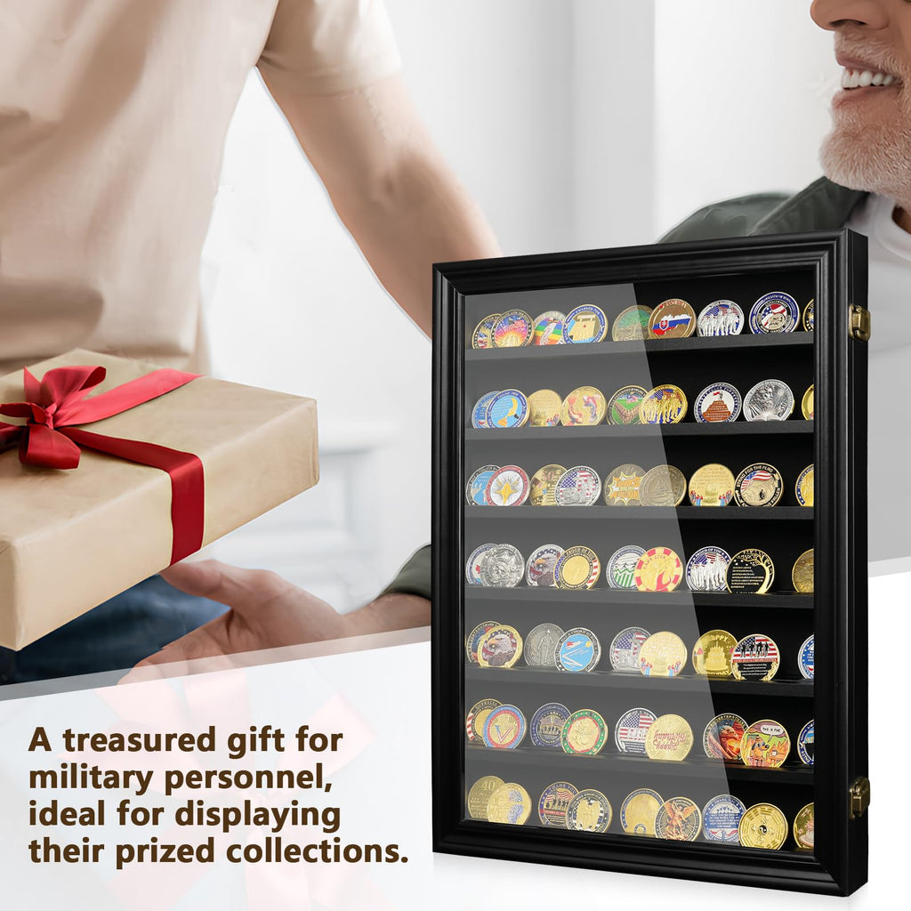 7 Rows Military Challenge Coin Holder Wall Display Case with HD Tempered Glass - Holds 100 Coins, Medal Display