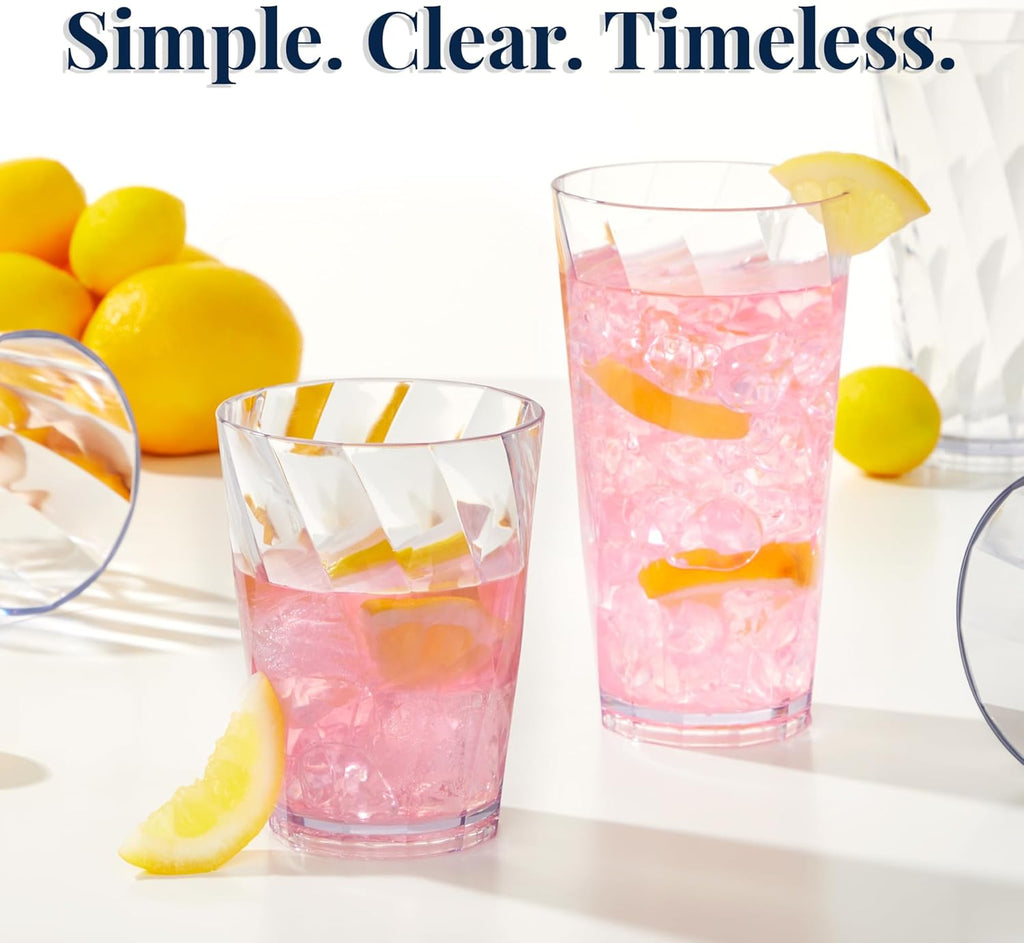 Optix Plastic Reusable Drinking Glasses (Set of 16) 14oz Rocks & 20oz Water Cups in Clear | BPA-Free Tumblers, Made
