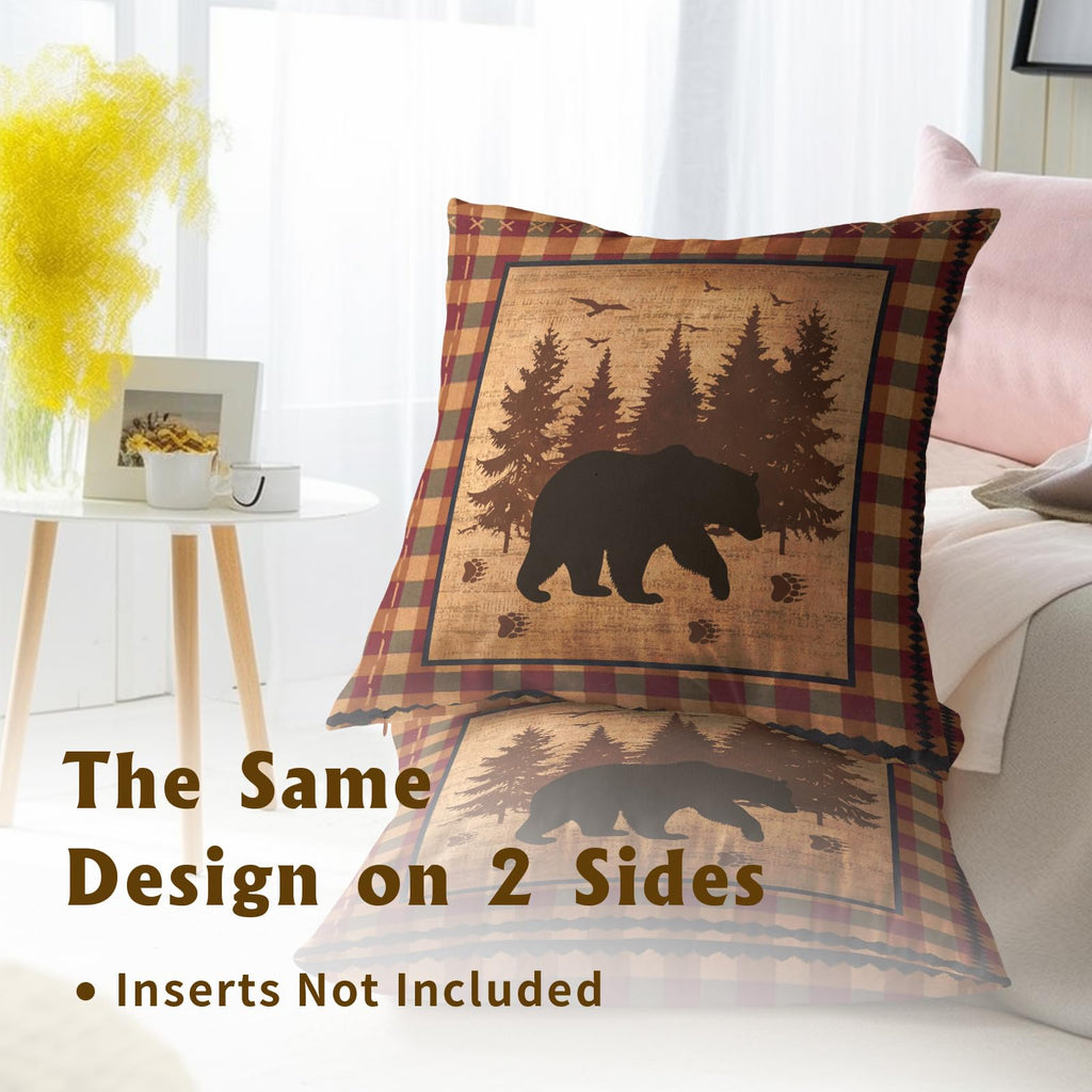 Bear Throw Pillow Covers 18x18 Inch Set of 2 Forest Cabin Nature Wildlife Square Pillowcase Buffalo Plaid Decorative