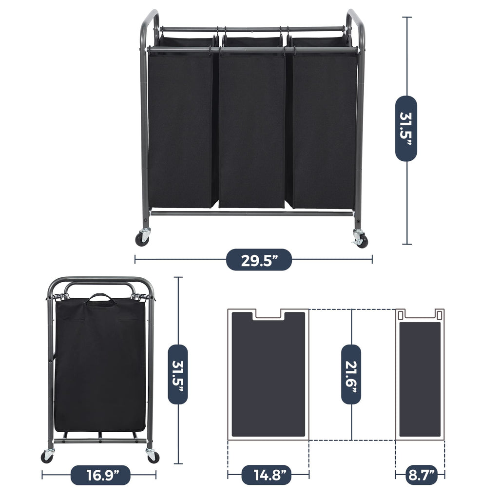 Laundry Sorter 3 Section, 3 Bag Clothes Hamper, Rolling Laundry Cart Basket with Heavy Duty Lockable Wheels and