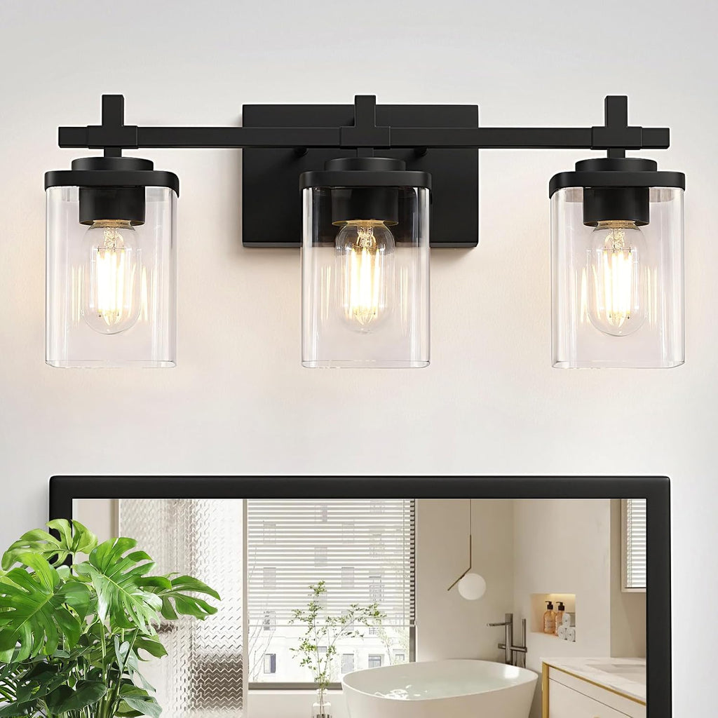 3-Lights Bathroom Vanity Light Fixtures, Modern Black Vanity Lights Over Mirror with Clear Glass Shade , Wall Mounted