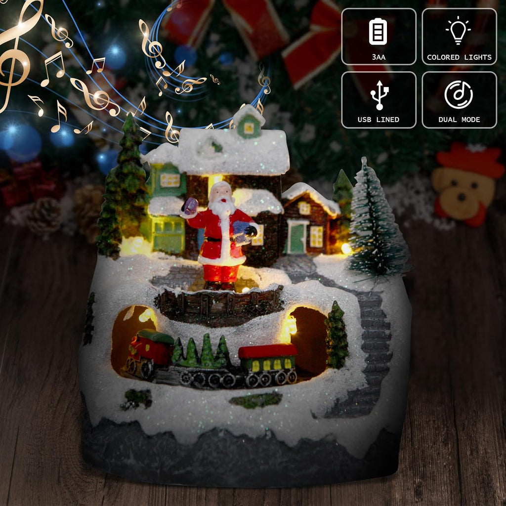 Christmas Decorations Village House Resin Collectible Building Figurines Revolving Train Musical Snow Globe 8 Music