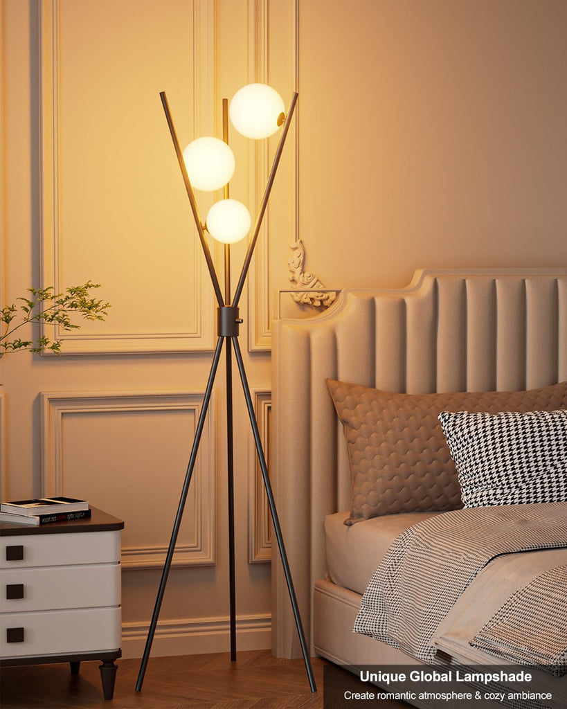 60IN Dimmable Black Tripod Floor Lamp, Mid Century Standing Lamps with 3 Globe Soft Warm White Eye Care 3000K Bulbs