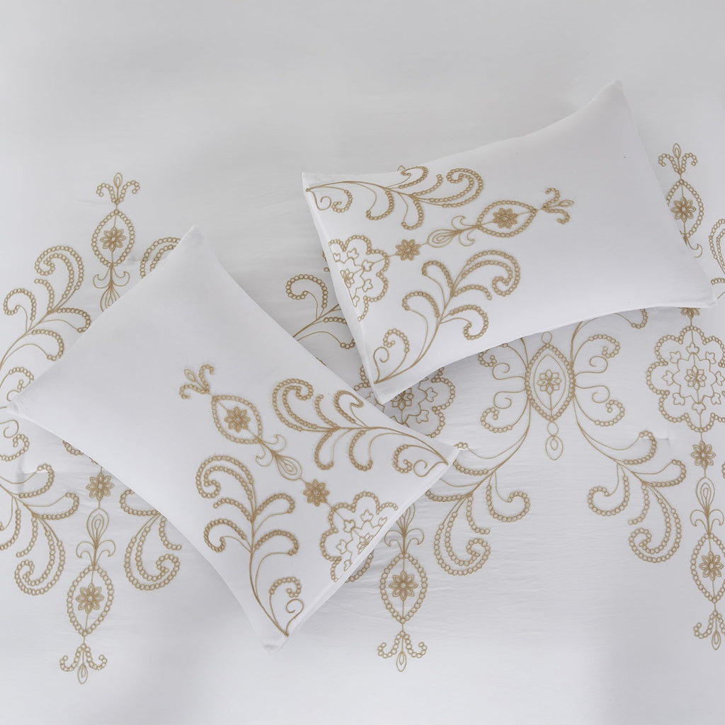 Sabrina Embroidered Comforter Set - 5 Piece White Bed Set with Gold Detailing, Decorative Pillows & Shams