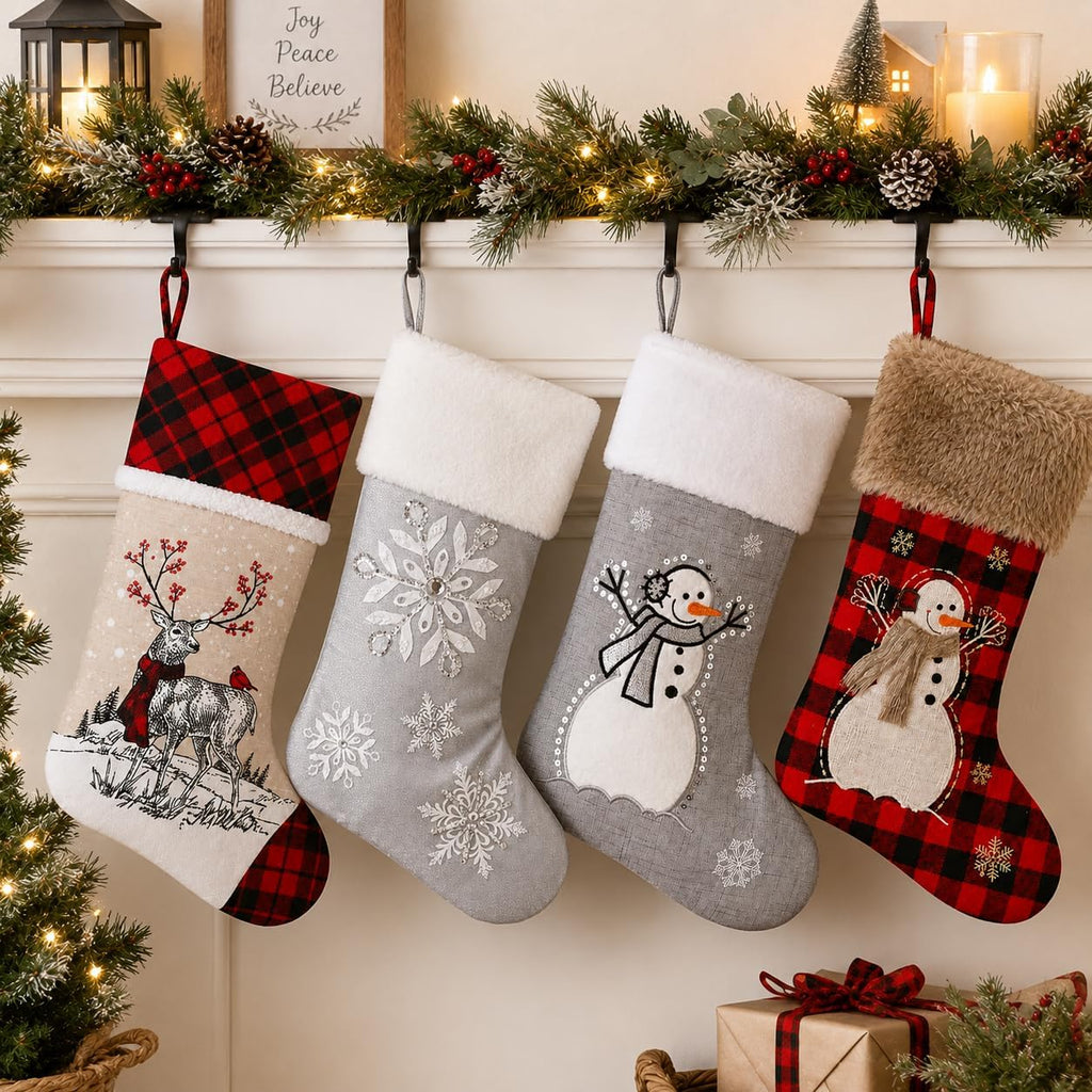 20" Black and Red Plaid Reindeer Christmas Stocking, Rustic Antique Vintage Figurine Style Home Decor, Faux Fur Scarf