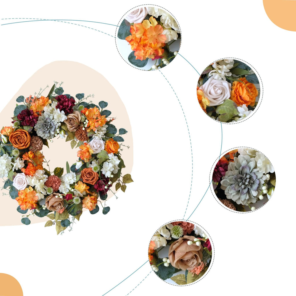 24 Inch Fall Wreath for Front Door with Orange Peony and Dahlia Flowers