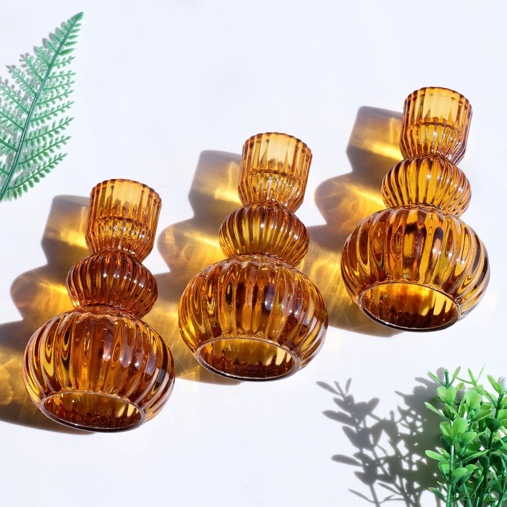 Amber Taper Candle Holders 4.3" H for Halloween/Thanksgiving Decorations Ribbed Glass Candlestick Holders - Set of 3