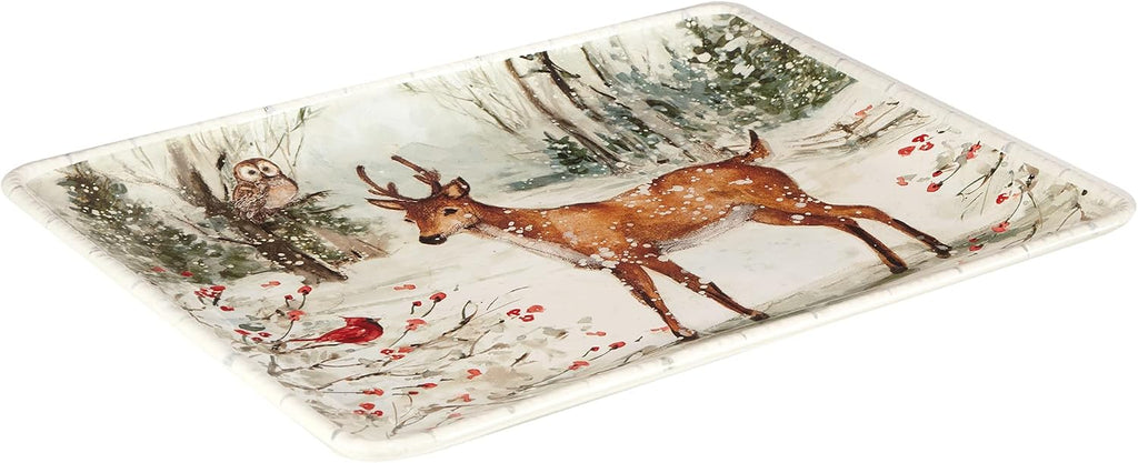 Winter's Walk Ceramic Rectangular Platter - Showcase roasts, appetizers, or desserts on this wintry woodland platter