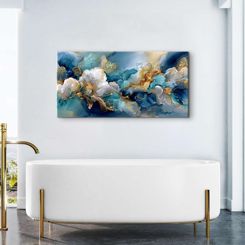Teal Wall Art Turquoise Abstract Wall Decor Blue and Gold Canvas Pictures Modern Marble Ink Textured Painting Poster