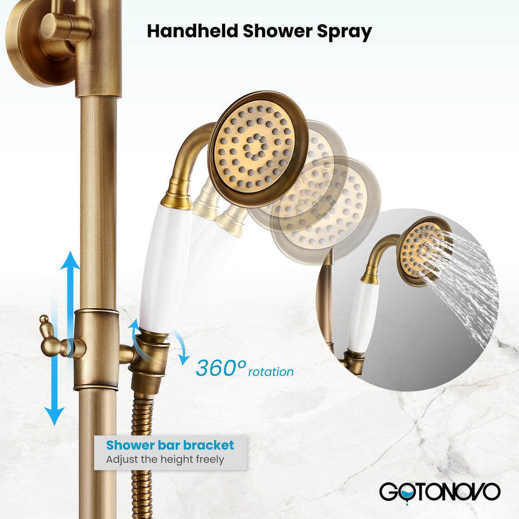 Exposed Shower System 8'' Head Antique Brass, No Shower Shelf