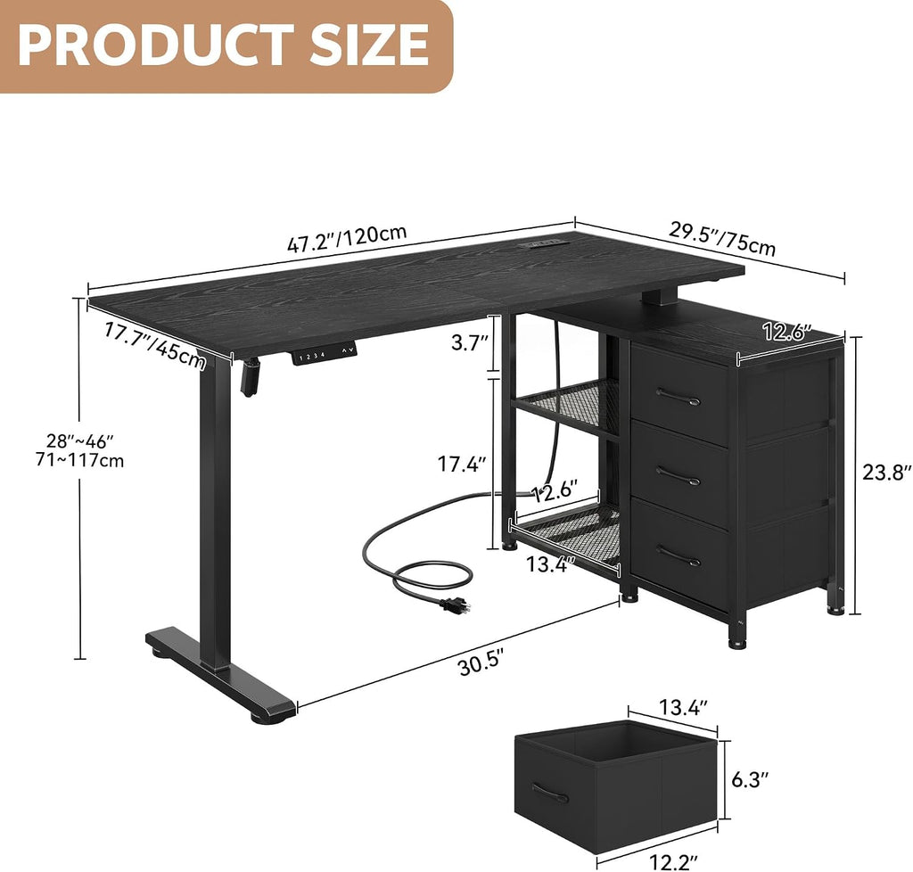 47 Inch L Shaped Desk with 3 Drawers Electric Standing Desks Black | with Storage Computer Table Adjustable Height