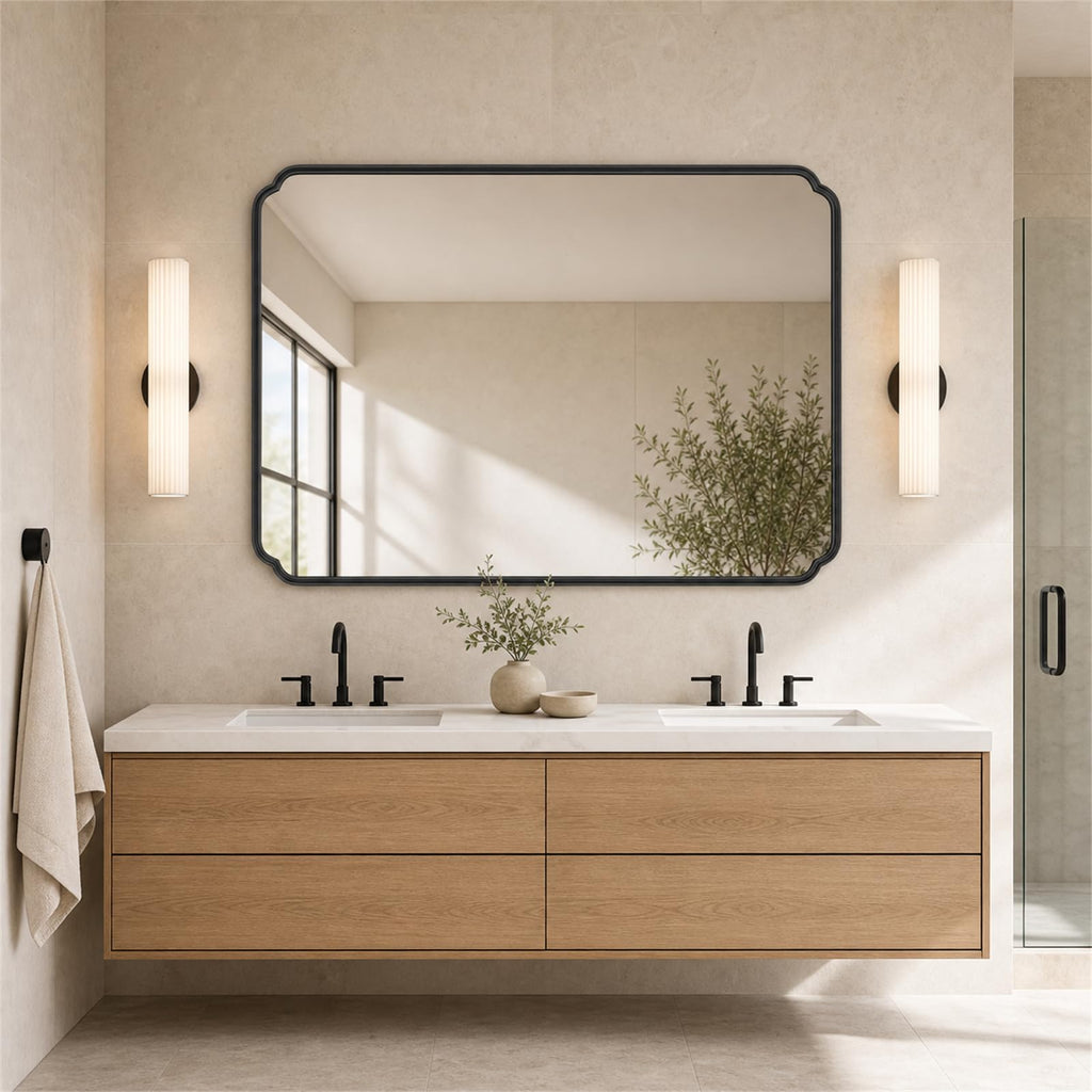 Matte Black Bathroom Mirror 55×36 Inch, Large Rounded Rectangle Metal Framed Wall Mount Vanity Mirror, Farmhouse