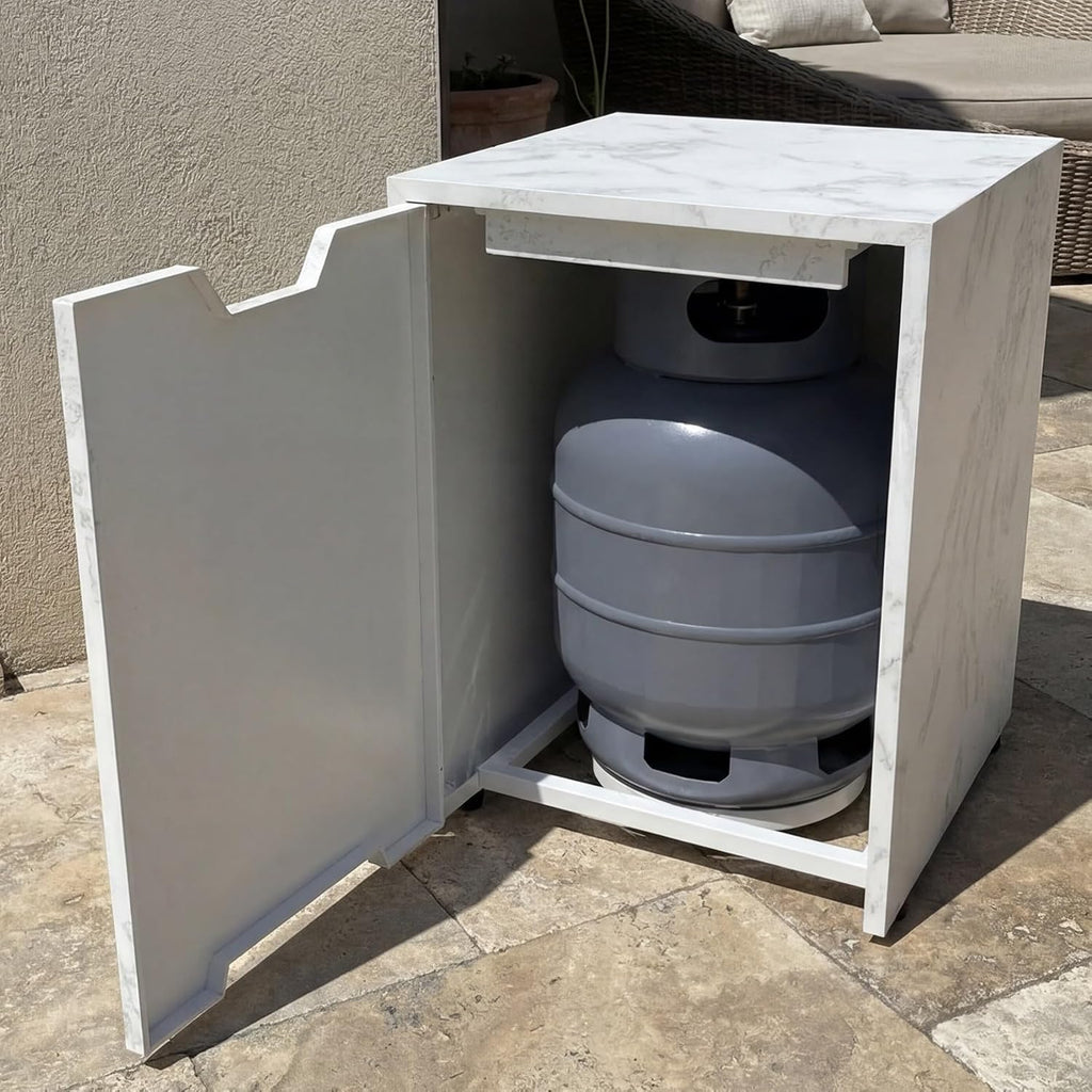 71.5-inch Outdoor Fire Pit Table, 60000 BTU Heat, Zinc-Aluminum, Propane Tank Cabinet, Wind Guard, Distressed Wood