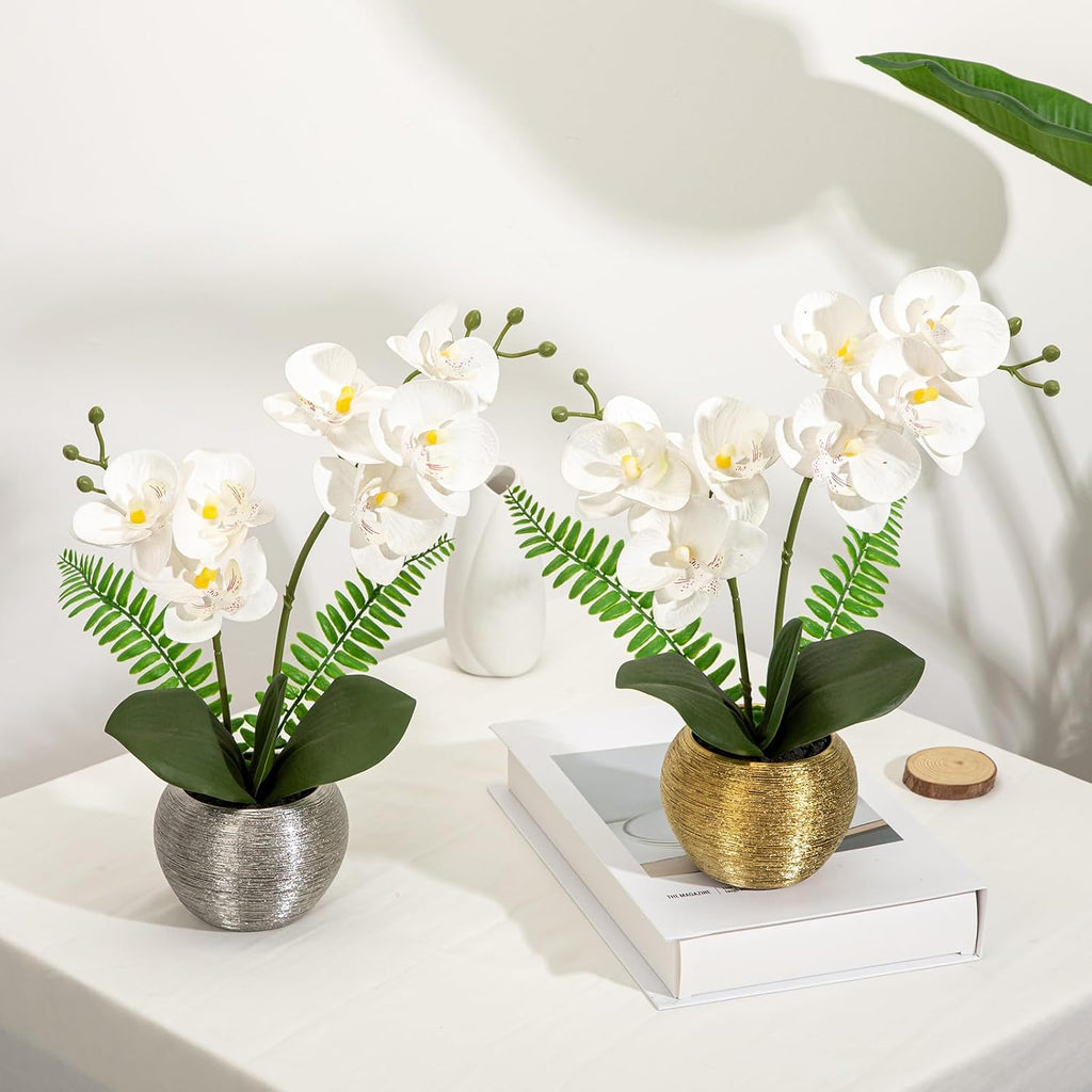 Artificial Orchid Flowers in Gold Ceramic Pot, 13" Small White Faux Phalaenopsis Orchid Floral Arrangement Fake Silk