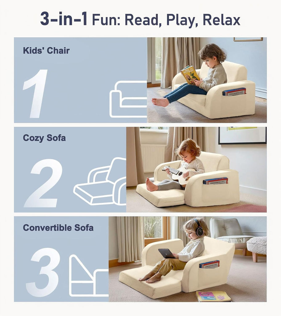 In-1 Extra Wide Convertible Kids Couch, Flip Open Kid Sofa, Machine-Washable Kid Couch for Girls, Kids Sofa for Fun