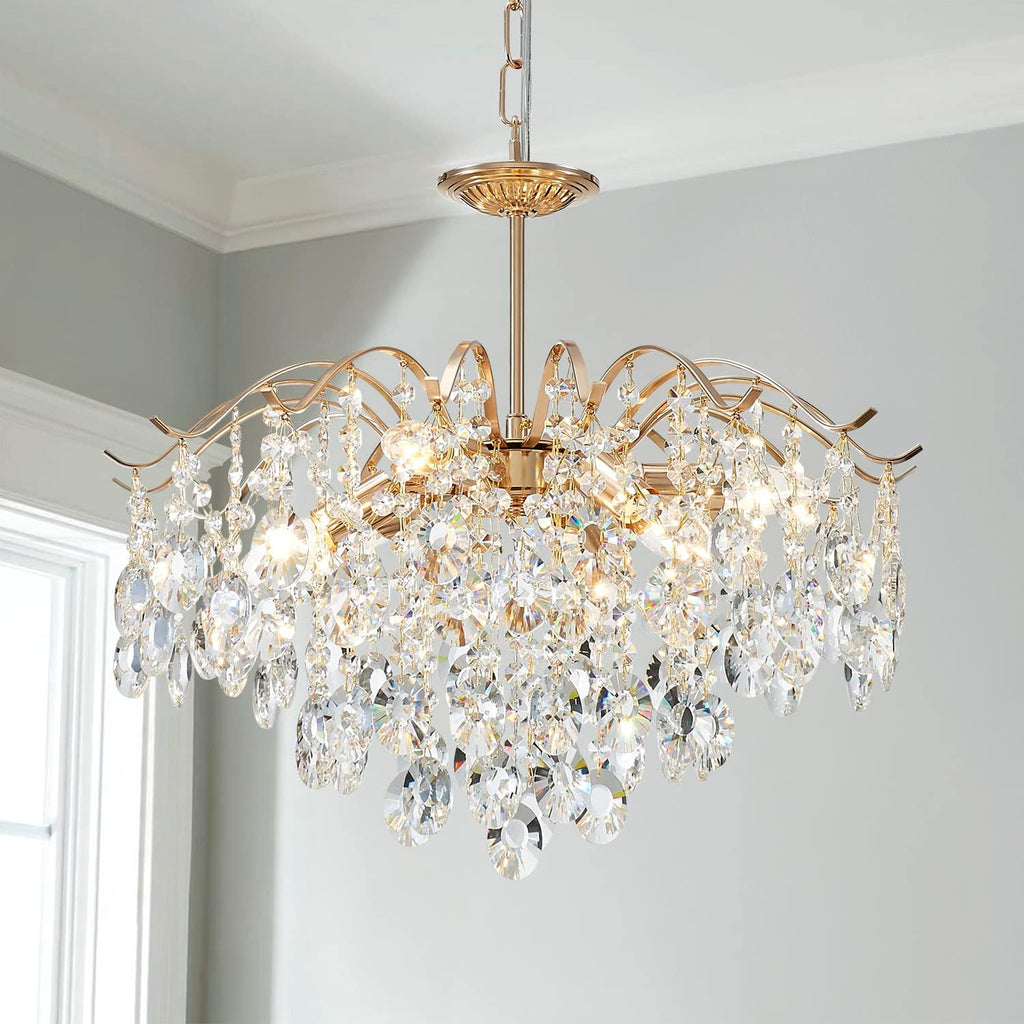 5-Light Gold Crystal Chandeliers, Middle Century Dining Room Light Fixture, Modern Pendant Light for Living Room, D20 x H17, Adjustable Chains 59", Chopper Finish Metal Frame A100-B0C1JJHV3G