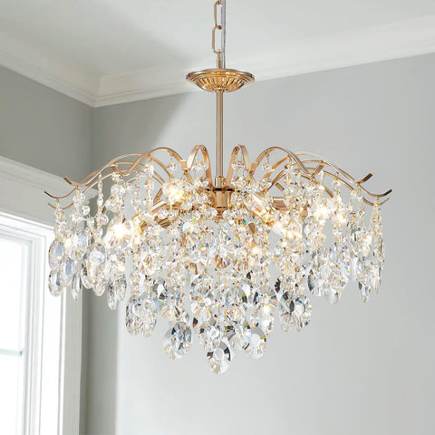 5-Light Gold Crystal Chandeliers, Middle Century Dining Room Light Fixture, Modern Pendant Light for Living Room, D20 x H17, Adjustable Chains 59", Chopper Finish Metal Frame A100-B0C1JJHV3G