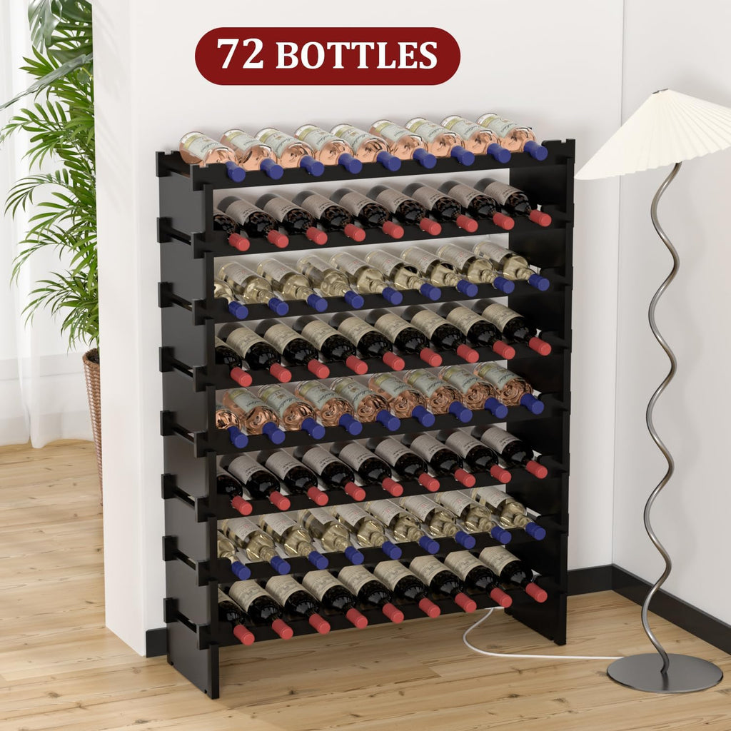 Wine Rack Freestanding Floor - 8 Tiers Wine Bottle Holder 72 Bottle Stackable Bamboo Wooden Storage Racks Shelves
