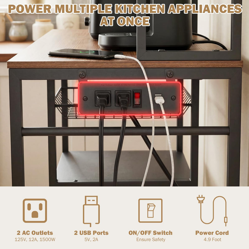 Bakers Rack with Power Outlet and Storage, Kitchen Bakers Rack with Cabinet & 10 Hooks, Coffee Bar Cabinet, Microwave