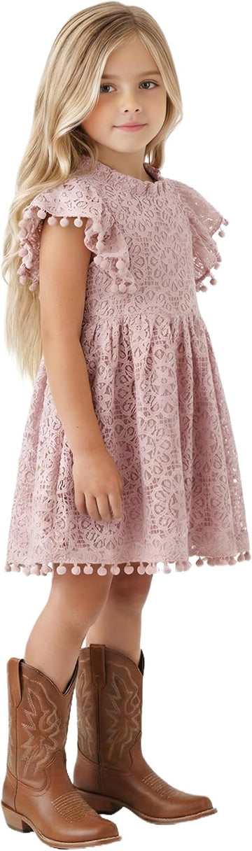 Girl Baby Toddler Vintage Lace Pom Pom Flutter Sleeve Easter Birthday Outfit Dress