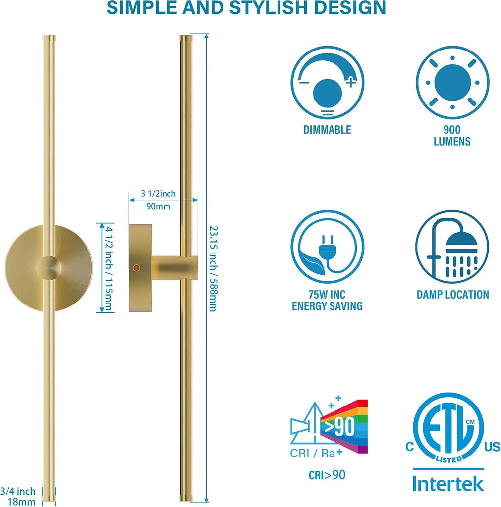 Plug in or Hardwired Linear Wall Sconce: 24 Inch LED Indoor Modern Linear Wall Lights Set of Two with On/Off Switch