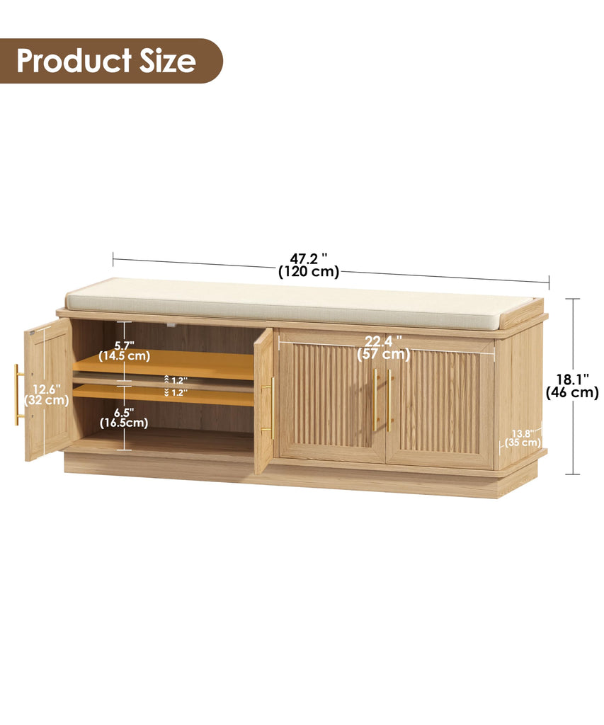 47.2" Fluted Shoe Storage Bench 4 Doors Wooden Entryway Bench Oak