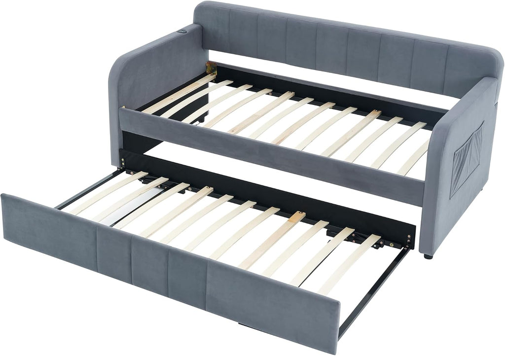 Twin Size Velvet Daybed Frame with Pop-up Trundle Bed Guest/Living Room, Space-Saving Upholstered Sofabed with USB