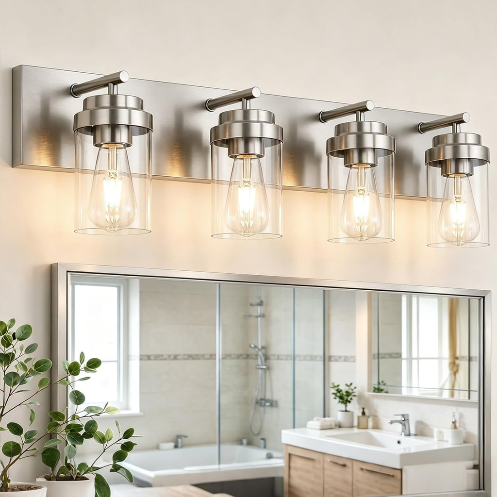 4-Light Bathroom Light Fixtures, Brushed Nickel Vanity Lights | Modern Bathroom Lighting Fixtures Over Mirror, Vanity