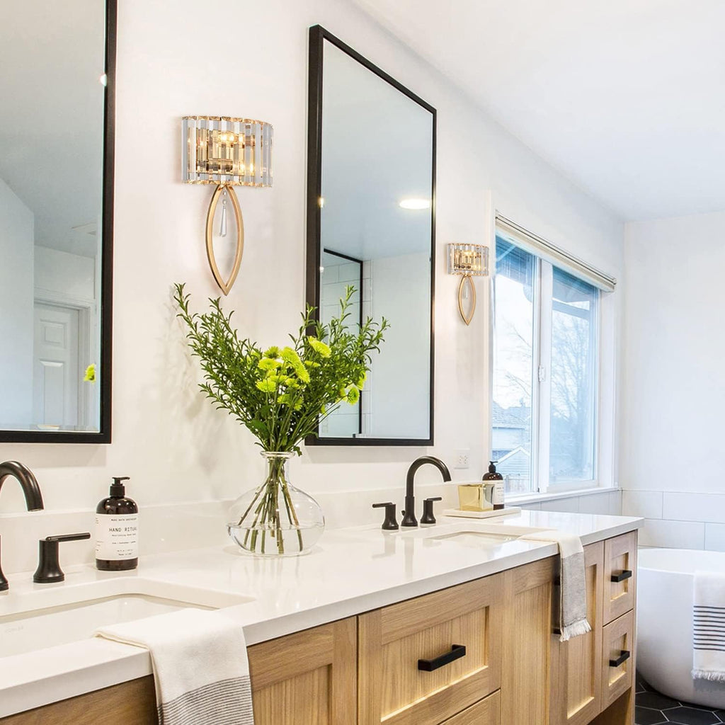 Mid Century Wall Sconces, 2-Light Elegant Crystal Gold Wall Light for Bathroom Bedroom Hallway | Elegant Crystal Gold