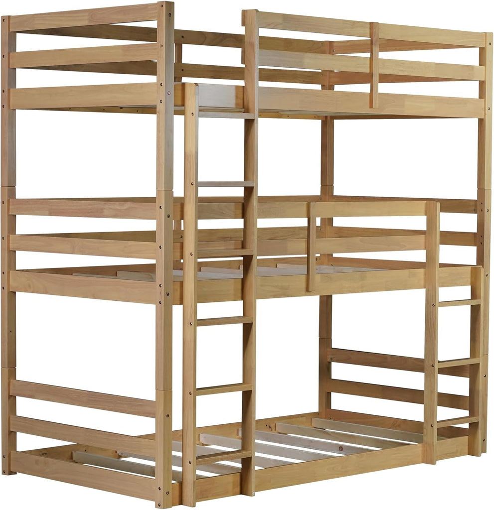 Triple Twin Bunk Bed, Solid Rubberwood 3-Tier Bed with 2 Ladders & Guardrails
