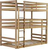Triple Twin Bunk Bed, Solid Rubberwood 3-Tier Bed with 2 Ladders & Guardrails