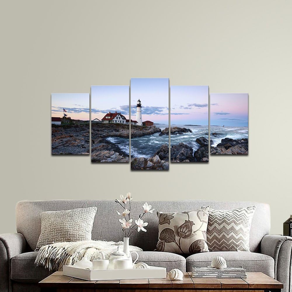 Portland Lighthouse 5 Panels Modern Canvas Prints Artwork Seascape Pictures to Photo Paintings on Stretched and