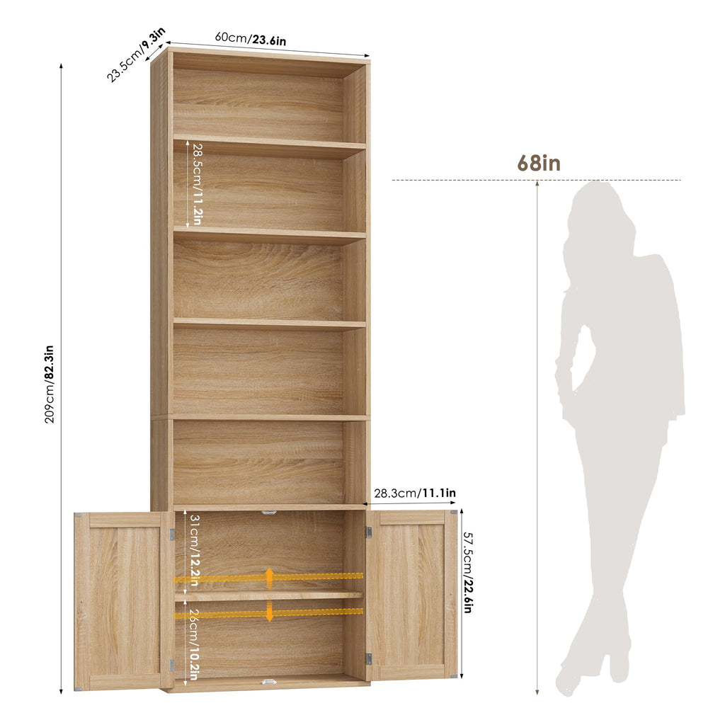 82" Tall Bookcase, Farmhouse Bookshelf with Doors, Light Oak