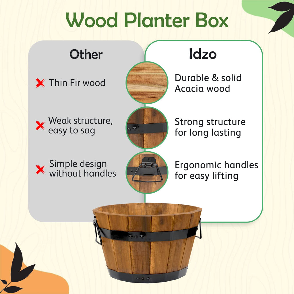 Set of 3 Wooden Flower Boxes Outdoor, Durable Acacia Wood Barrel Planters for Outdoor Plants with Ergonomic Handles