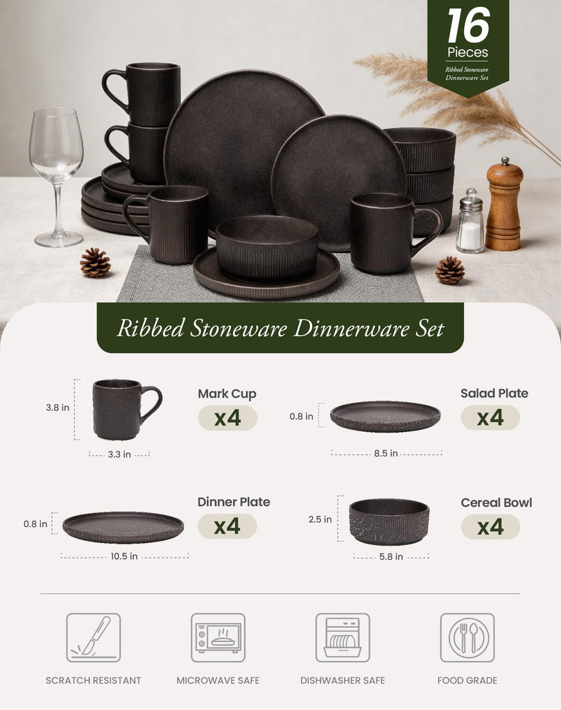 16-Piece Dinnerware Set for 4 with Mugs, Ribbed Stoneware Plates and Bowls Sets, Unique Handcrafted Reactive Glaze