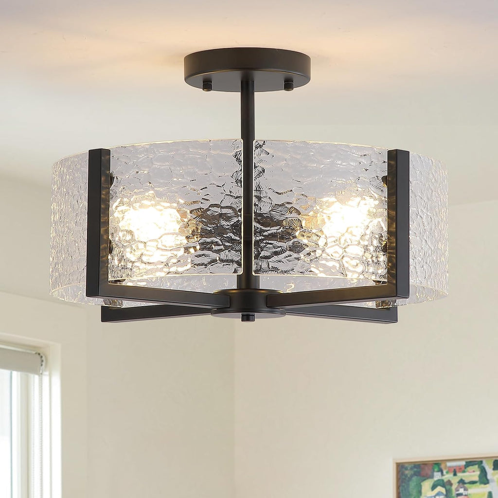 18" Black Large Semi Flush Mount Ceiling Light, 4-Light Farmhouse Ceiling Light, Foyer Light Fixtures Modern Glass