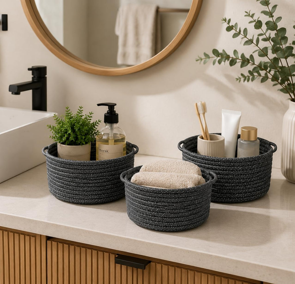 Small Woven Cotton Rope Baskets with Handles, Set of 3, Grey