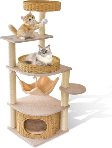 Modern Wood Cat Tree for Large Cats, Multi-Level Cat Tower with Handwoven Condo, Heavy Duty Cat Furniture with Sisal
