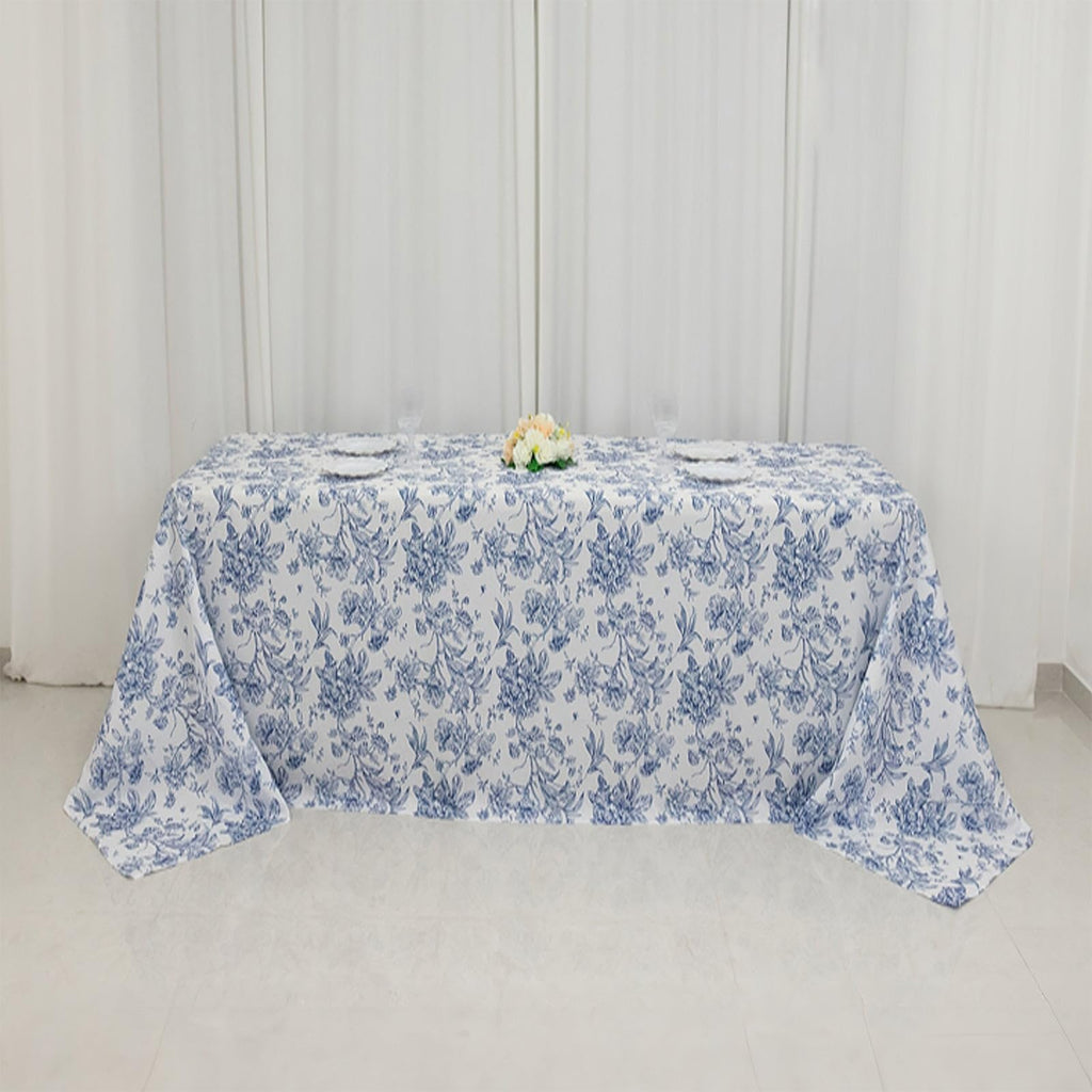 90"x132" White with Blue French Toile Pattern Wholesale Linens Polyester Tablecloths Banquet Linen Wedding Party