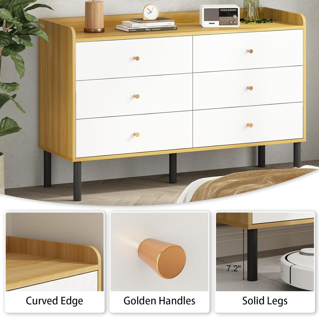 Kids Dresser , 6 Drawer Baby Dresser with Golden Handles, Modern Wood Chest , White