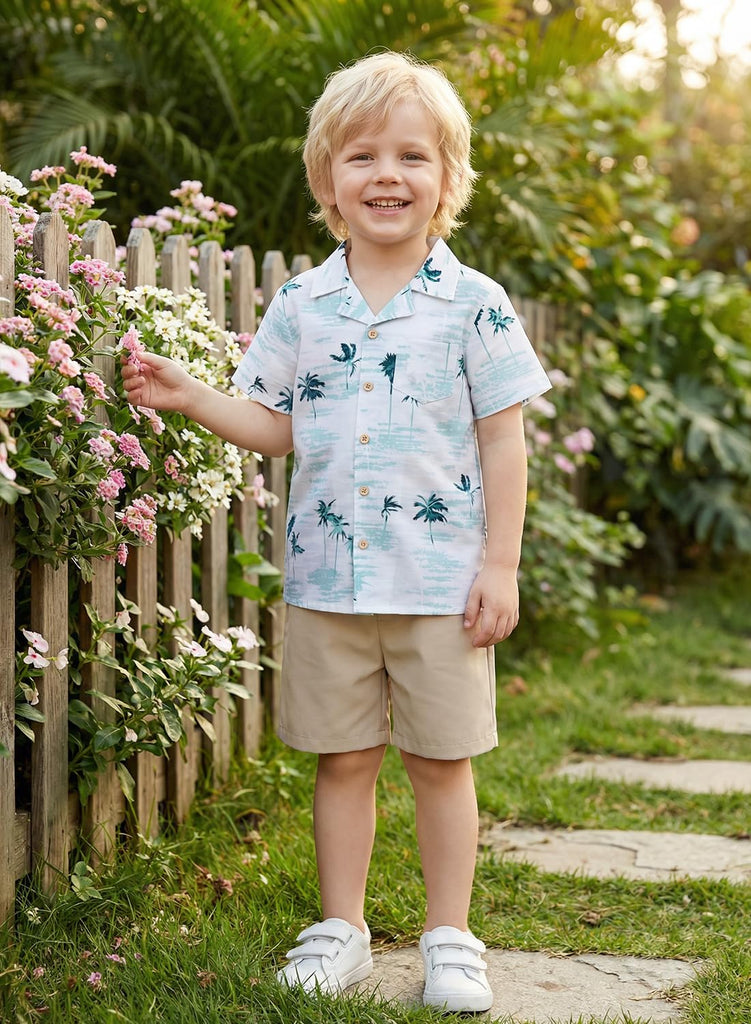 Toddler Baby Boy Outfits Summer Clothes Kids Coconut Trees Pattern Short Sleeve Button Down Shirt & Elastic Waist