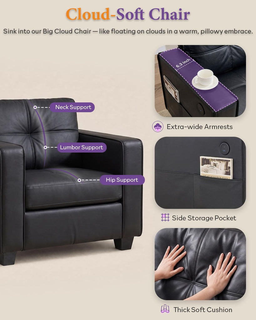 Black Faux Leather Accent Chair, Oversized Tufted Armchair