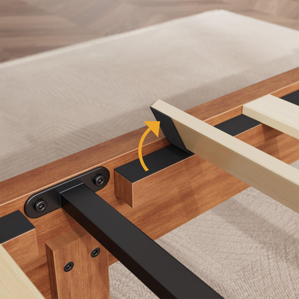 Rustic Wooden Platform Bed Frame with Headboard, Mattress Foundation with Wooden Slat Support, No Box
