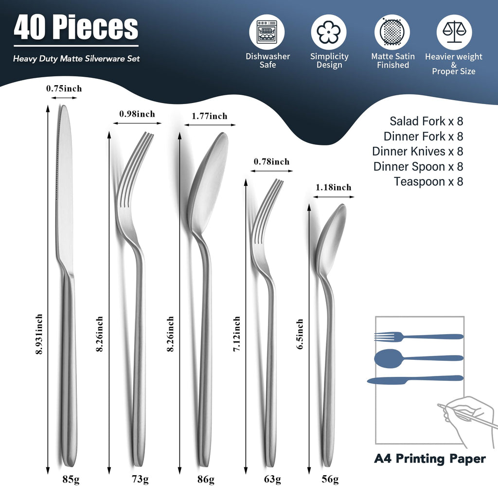 Heavy Duty Silverware Set, 40-Piece Premium Stainless Steel Flatware Sets For 8, Matte Brushed Finish Cutlery