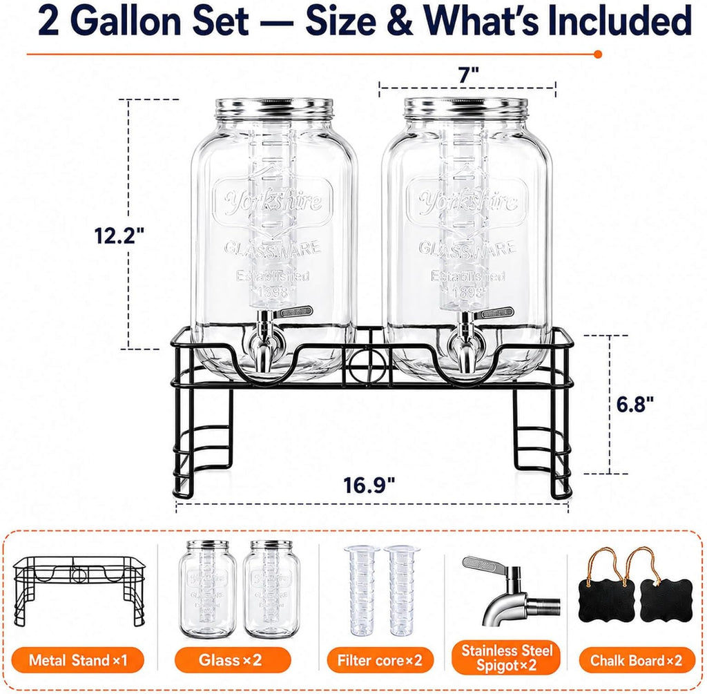 Gallon Glass Drink Dispenser, 2 Pack with Stand for Parties - Set of 2