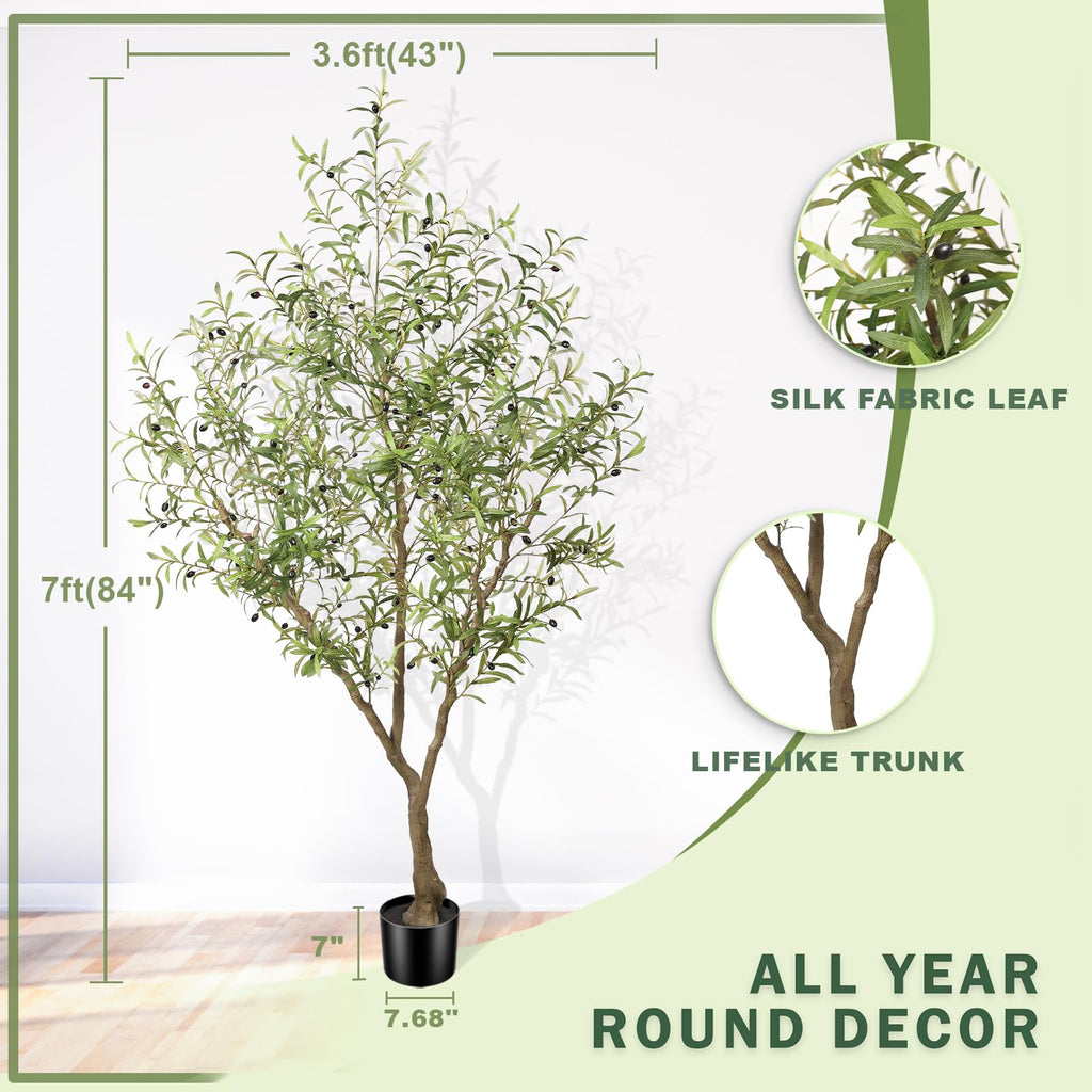 Faux Olive Tree 7ft with Thick Lifelike Branches, Realistic Leaves