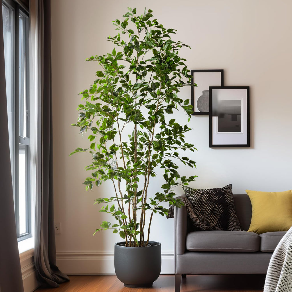 Artificial Ficus Tree Indoor 8ft, Large Potted Faux Tree with Realistic Silk Leaves & Trunk Corner Decor