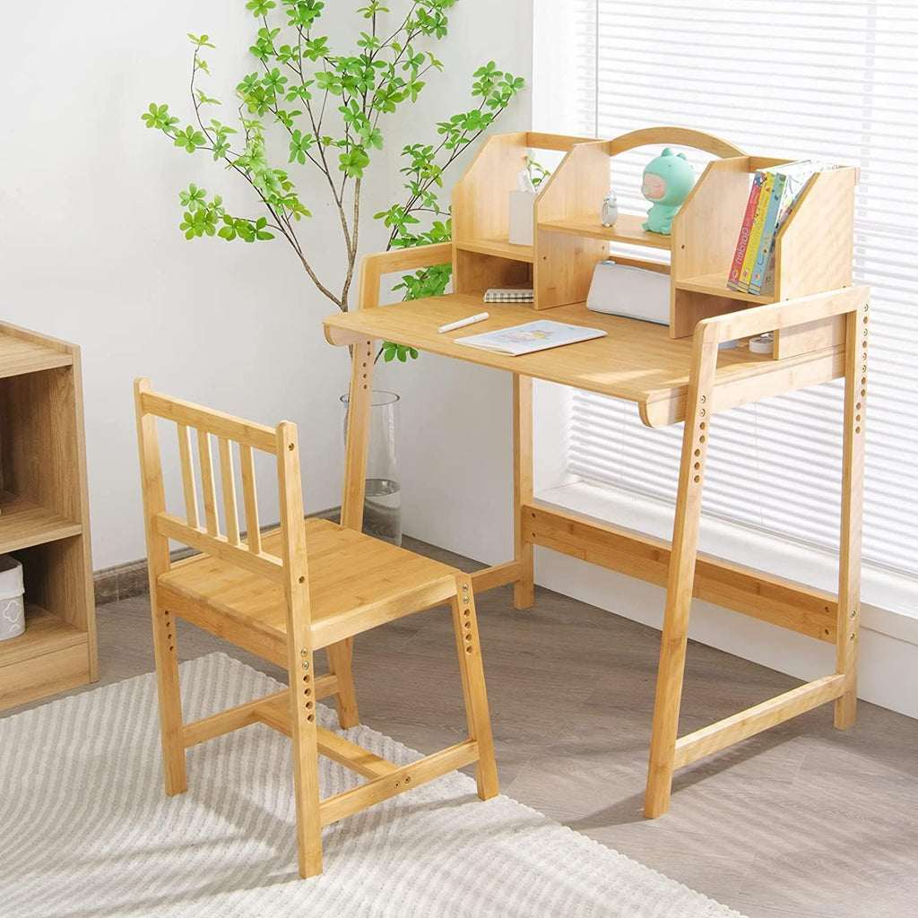 Kids Desk and Chair Set, Height Adjustable Bamboo Study Desk with Storage Hutch and Bookshelf, Wooden Writing Table